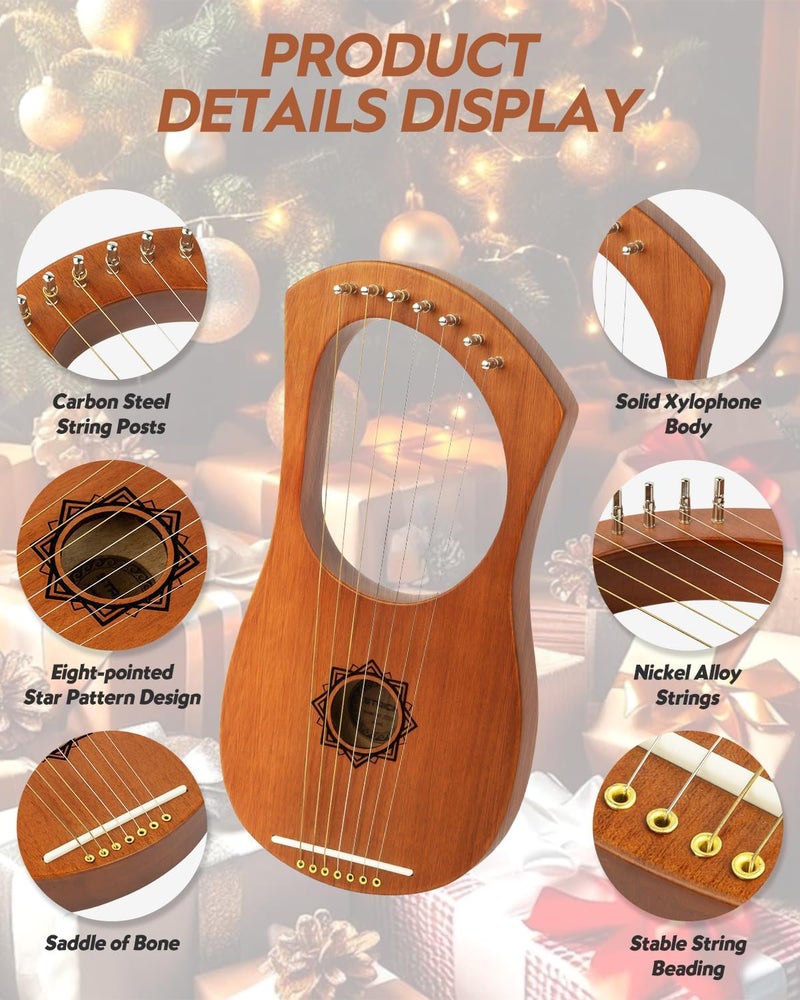 STRICH Lyre Harp, 7 Strings, Mahogany, Bone Saddle Lyre Harp Set with Spare Metal Strings, Tuning Wrench, Black Custom Gig Bag and Manual - Image 4